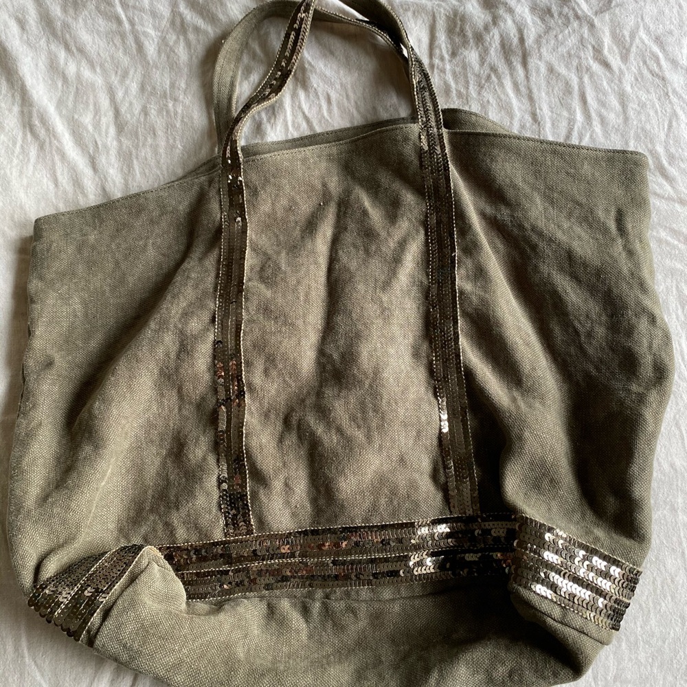 Vanessa Bruno Le Cabo Linen Tote Bag in Khaki Green with Sequins